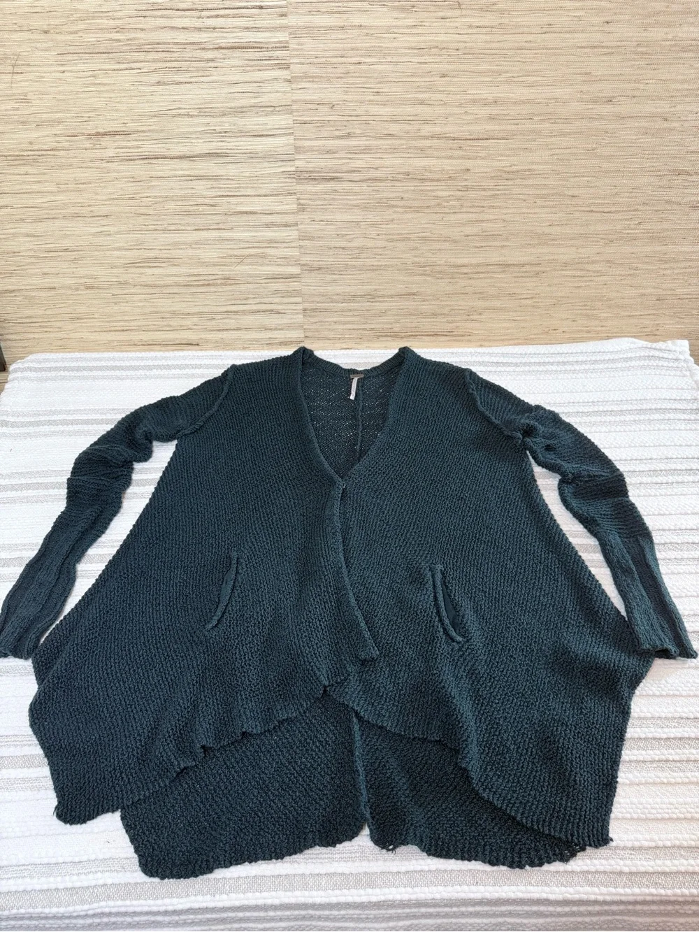 Free People Oversized Knit Cardigan Teal Green Blue Asymmetrical Hem Pockets S